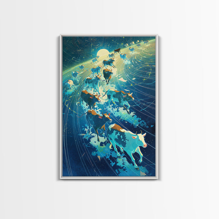 Cosmic Cattle Herd In Motion Wall Art, Blue Galaxy Animal Canvas Print, Dynamic Farm Decor, Unique Living Room Statement
