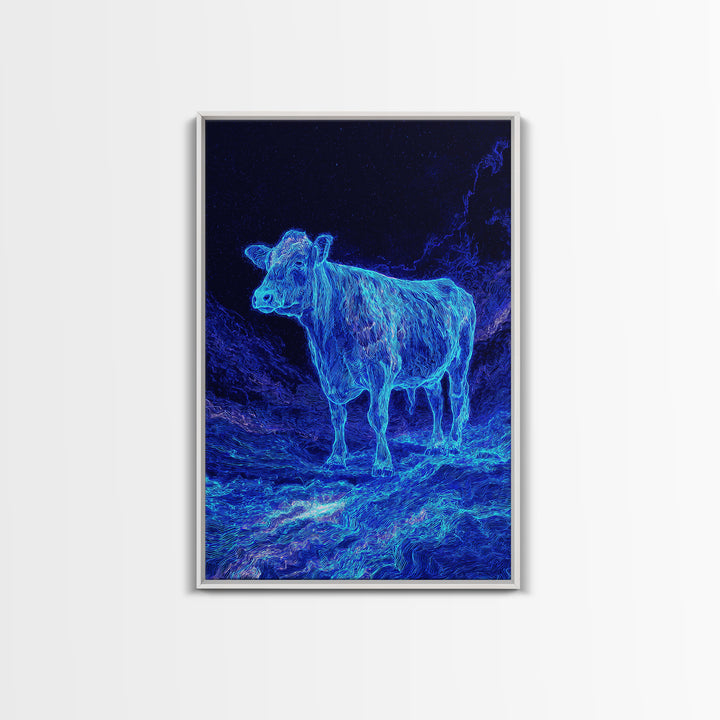 Electric Blue Cow Landscape Canvas Print, Neon Animal Wall Art, Mystical Night Farm Decor, Modern Nature Scene Painting Gift