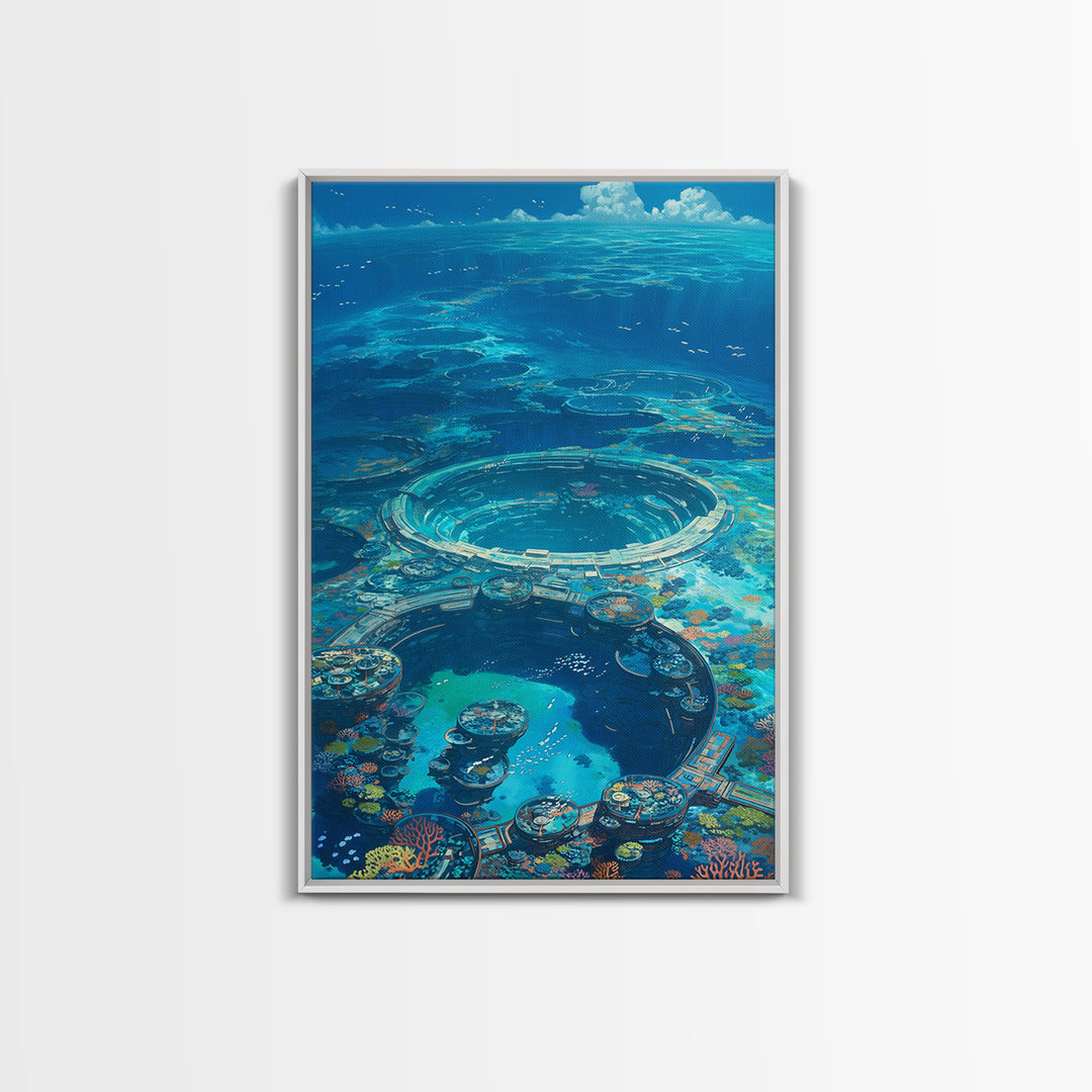Underwater Ocean City With Coral Reef, Canvas Print, Blue Beach Art, Modern Wall Decor, Living Room Art, Unique Home Decor Gift