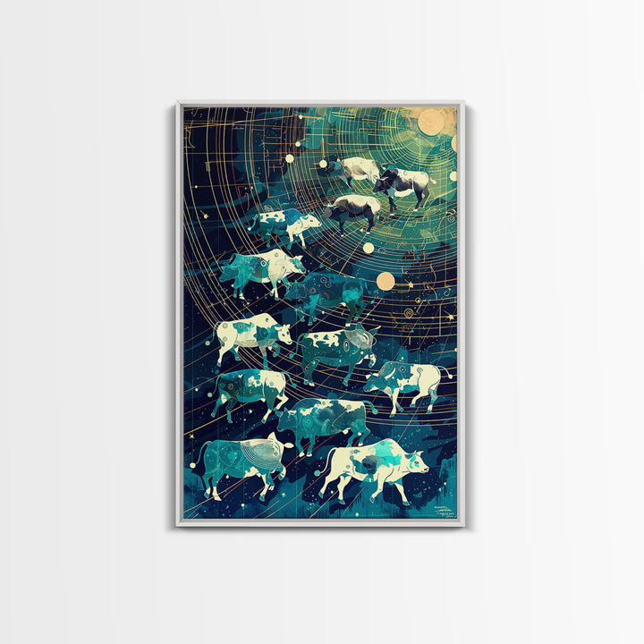Celestial Cattle Herd Under Golden Star Map, Wall Art, Farm Animal Painting, Modern Canvas Art, Rustic Decor, Unique Gift
