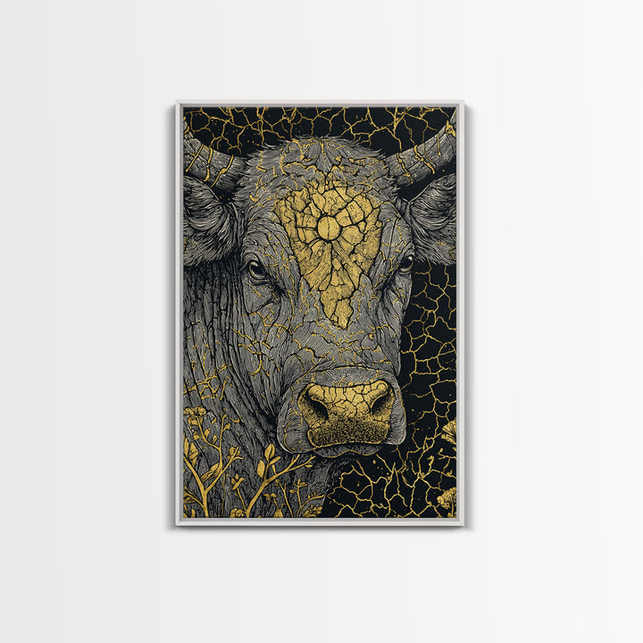 Cracked Gold Bull Portrait With Horns, Framed Canvas Print, Animal Wall Art, Black And Gold Art, Rustic Decor Statement Piece