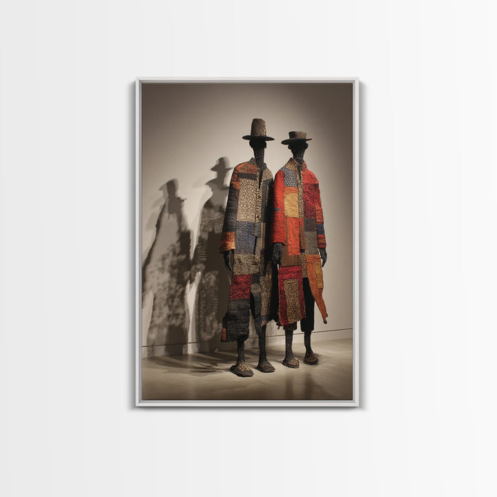 Patchwork African Textile Figures In Hats, Framed Canvas Print, African Art Sculpture, Tribal Decor, Cultural Home Decor Gift