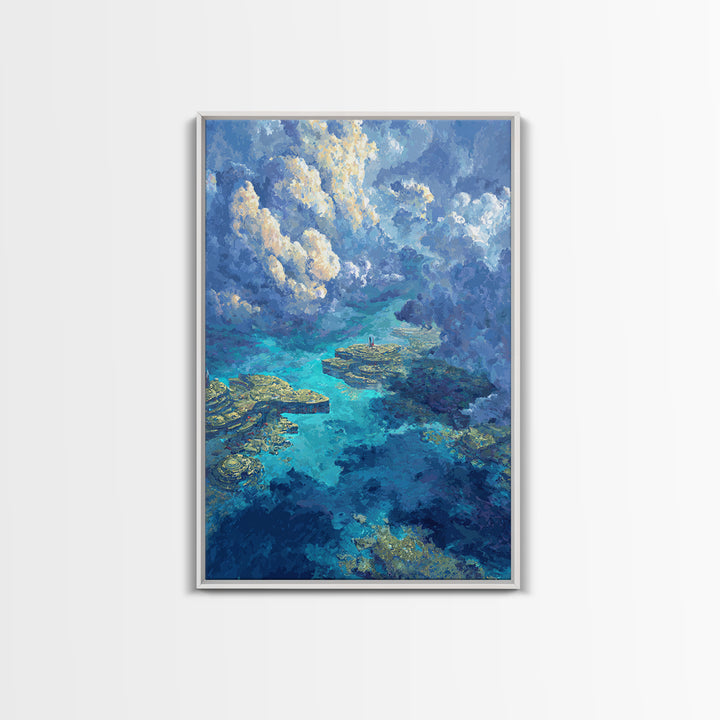 Dreamy Turquoise Ocean And Cloudscape Wall Art, Blue Nature Scene Art, Coastal Fantasy Landscape, Modern Canvas Decor Gift