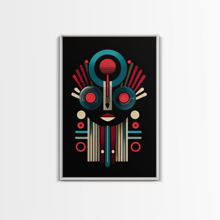 Geometric Tribal Mask In Red And Teal Canvas Print, African Mask Art, Abstract African Art, Afrocentric Wall Home Decor Gift