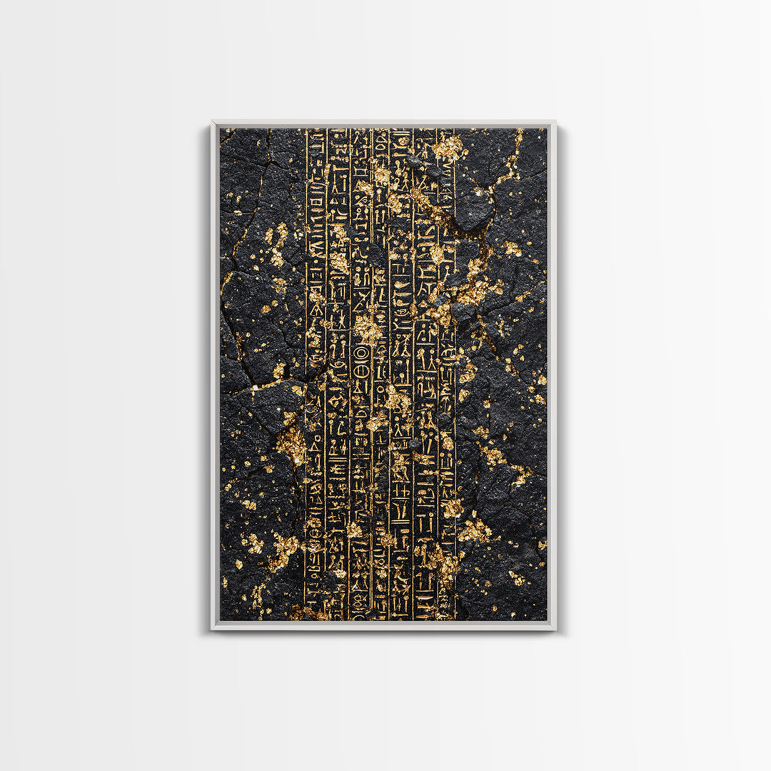 Gold Egyptian Hieroglyphs On Cracked Stone Wall Art, Ancient African Art, Black And Gold Art, Mystical Cultural Decor Gift