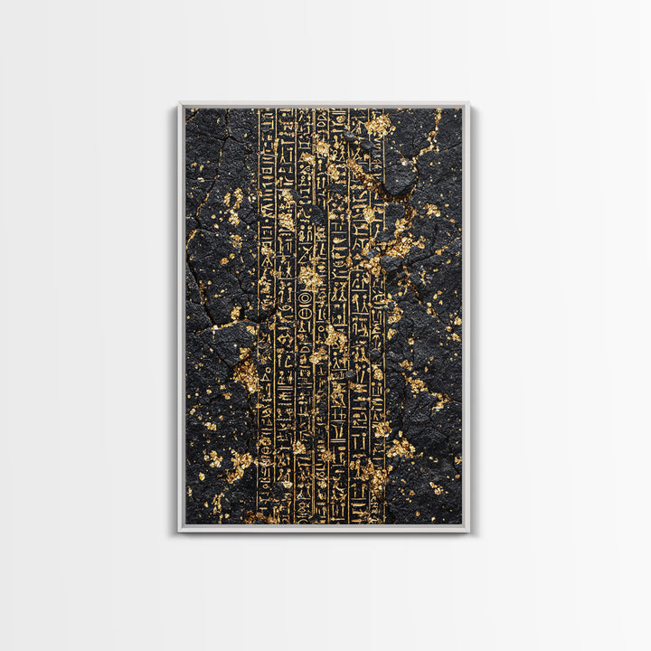 Gold Egyptian Hieroglyphs On Cracked Stone Wall Art, Ancient African Art, Black And Gold Art, Mystical Cultural Decor Gift