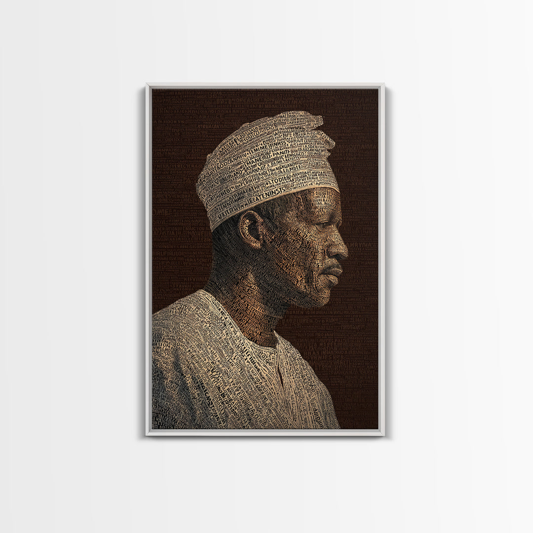 Sepia African Man Profile In Text Canvas Print, Black Man Artful Portrait, African American Art, Cultural Wall Decor Gift