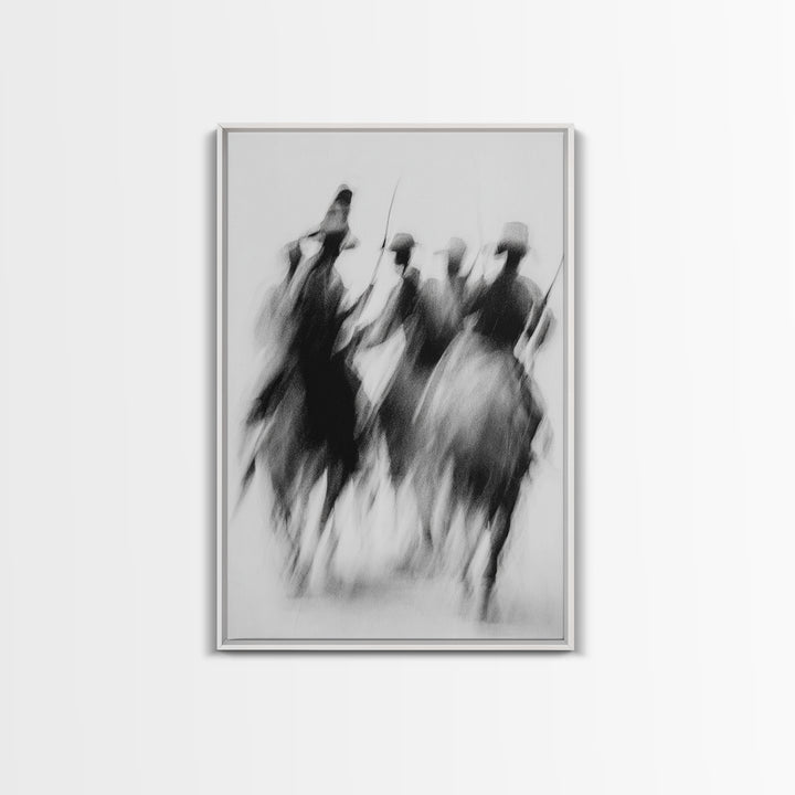 Blurred African Warriors Framed Canvas Print, Tribal Horsemen Wall Decor, Black And White Safari Art, Cultural Home Gift