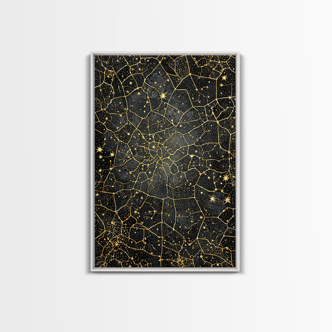 Black And Gold Celestial Crackle Pattern, Abstract Wall Art, Luxury Canvas Print, Geometric Home Decor, Starry Art, Modern Black Decor