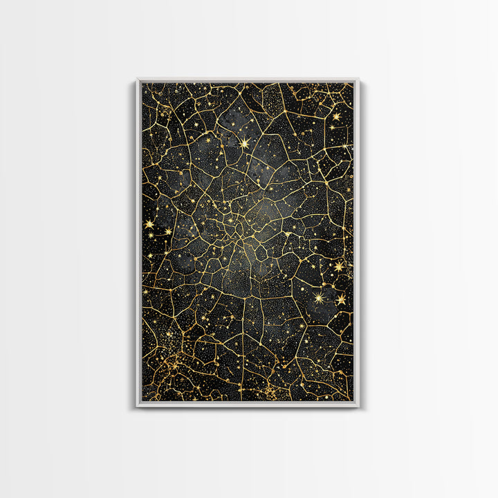 Black And Gold Celestial Crackle Pattern, Abstract Wall Art, Luxury Canvas Print, Geometric Home Decor, Starry Art, Modern Black Decor
