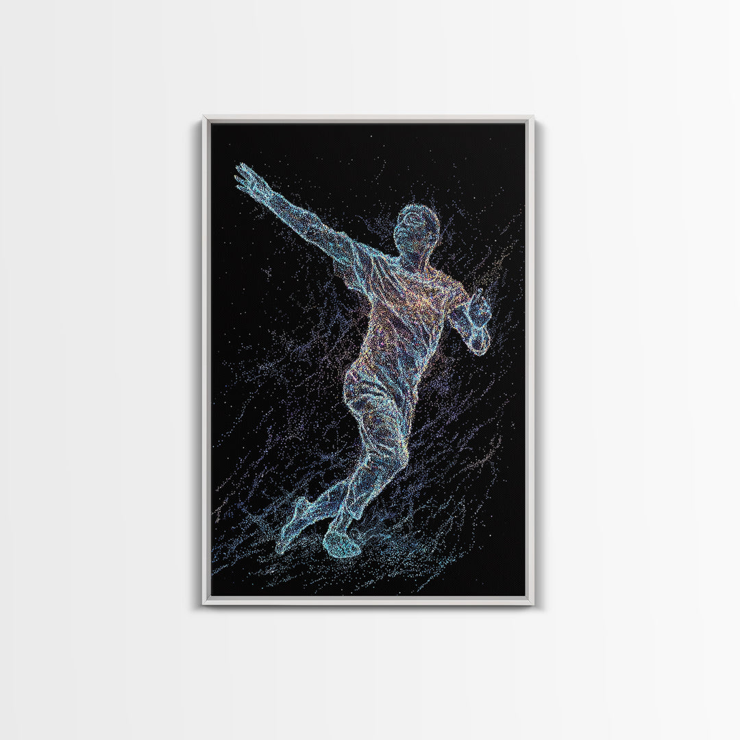 Glowing Soccer Player In Motion, Black Wall Art, Modern Canvas Print, Athletic Sports Decor, Futuristic Digital Art Gift