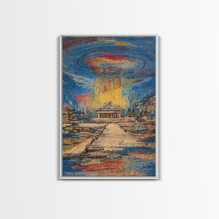 Monument Under Cosmic Portal, Modern Wall Art, Framed Canvas Print, Cityscape Home Decor, Sci Fi Abstract Statement Gift