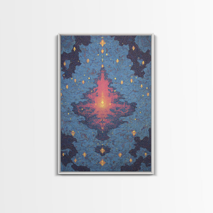 Blue Pink Glowing Mandala Reflection, Abstract Wall Art, Modern Canvas Print, Spiritual Meditation Room Decor, Colorful Gift