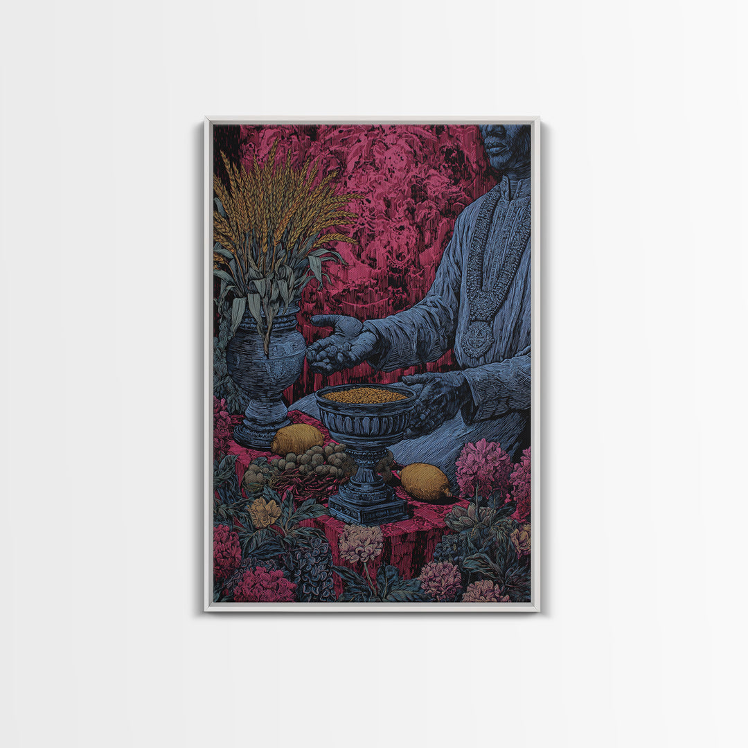 Floral Ritual Still Life With Reaching Hand, Cultural Wall Art, Framed Canvas Print, Afrocentric Ceremony Home Decor Gift