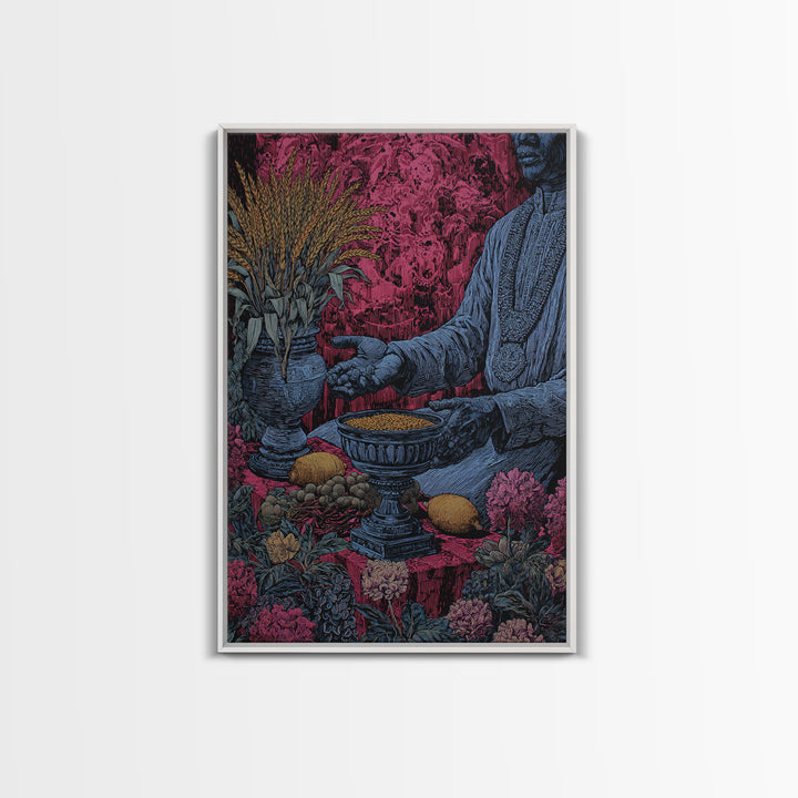 Floral Ritual Still Life With Reaching Hand, Cultural Wall Art, Framed Canvas Print, Afrocentric Ceremony Home Decor Gift