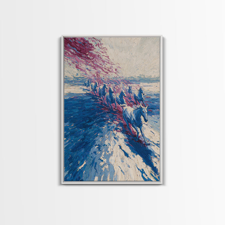 Blue Horses Running On Beach Wall Art, Abstract Coastal Canvas, Wild Horse Painting, Modern Living Room Decor Statement Gift