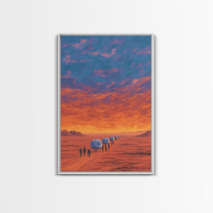 Futuristic Desert Convoy At Sunset Wall Art, Orange Sci Fi Landscape, Mars Travel Poster, Modern Canvas Statement Decor Gift