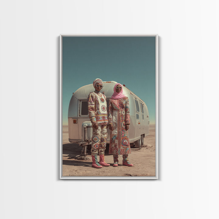 Afrofuturist Desert Couple Framed Canvas Print, African Fashion Portrait, Unique Camper Travel Wall Decor, Black Art Gift