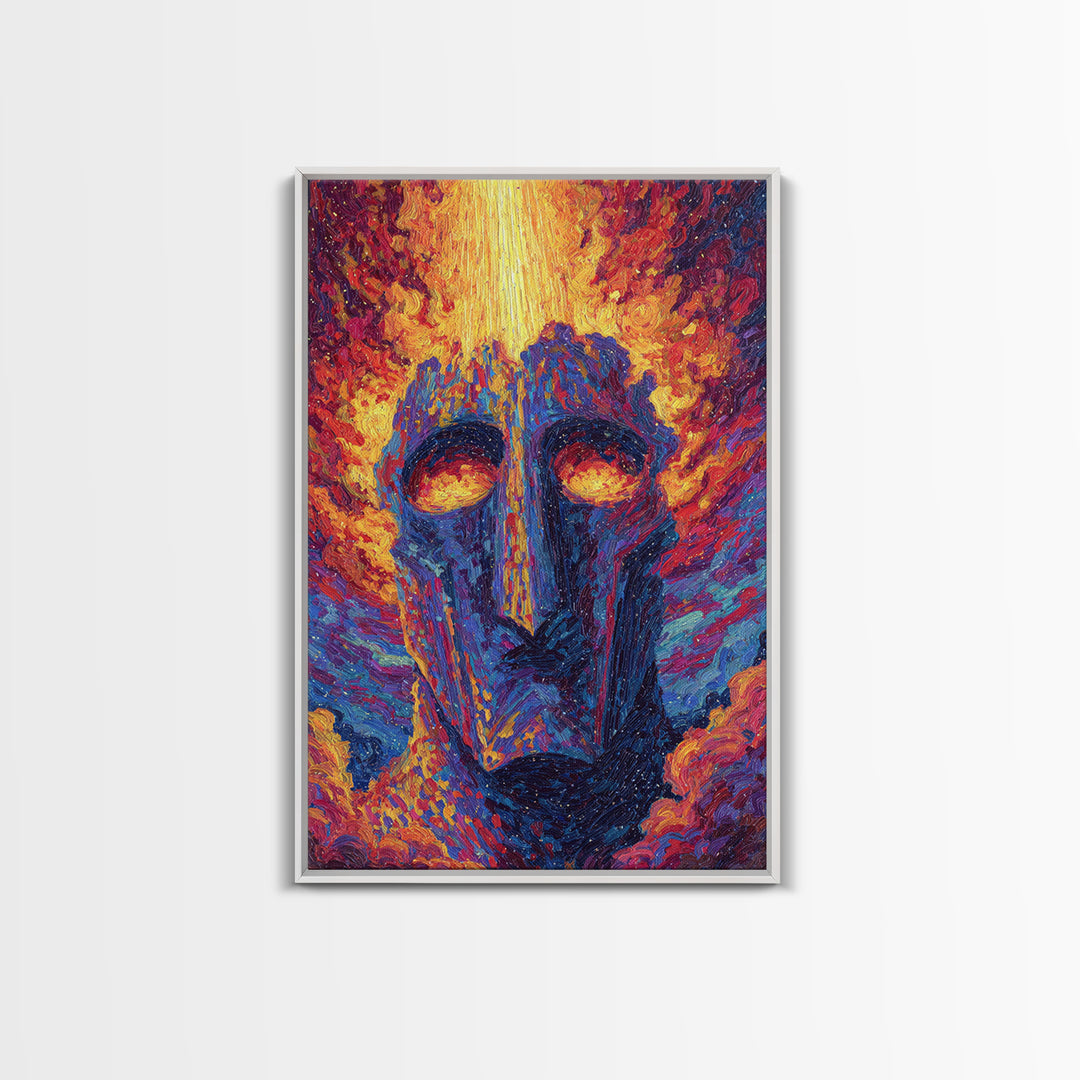 Fiery African Mask Canvas Print, Abstract Tribal Face Painting, Afrocentric Wall Decor, Modern Colorful African Art Gift