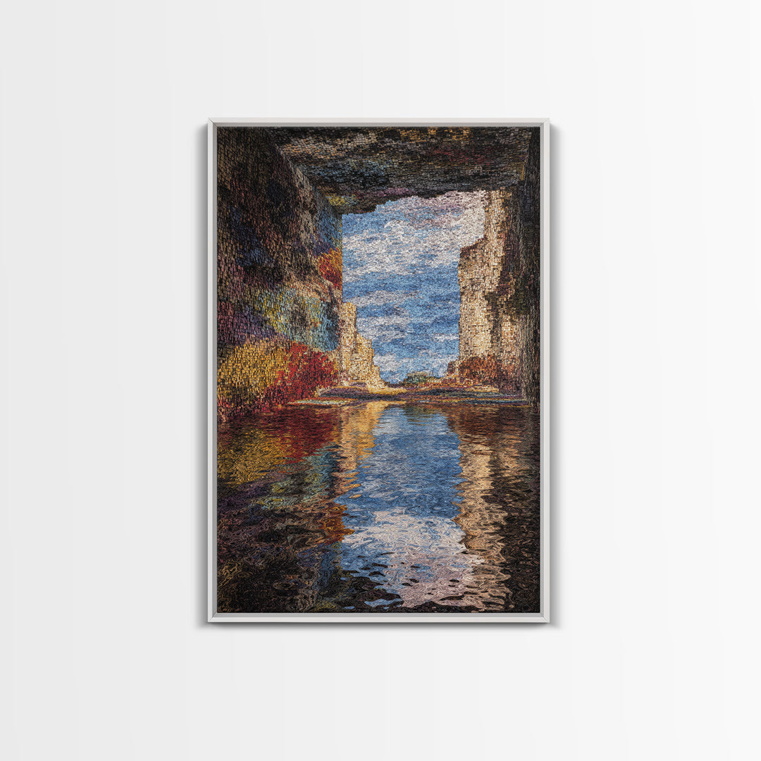 Ocean Cave Reflection Wall Art, Impressionist Seascape Painting, Coastal Landscape Canvas, Nature Scene Living Room Decor