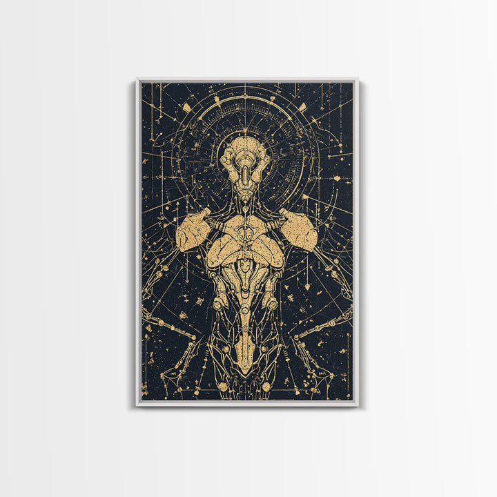 Gold Celestial Cyborg Blueprint Canvas Print, Afrofuturism Wall Decor, Sacred Geometry Robot Art, Modern Black And Gold Decor