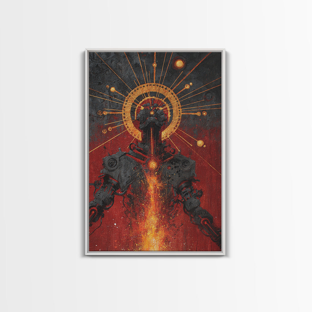 Black Android With Golden Halo Framed Canvas Print, Afrofuturism Wall Art, Red Fire Robot Portrait, Spiritual Decor Gift
