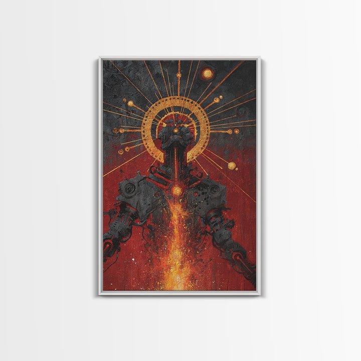 Black Android With Golden Halo Framed Canvas Print, Afrofuturism Wall Art, Red Fire Robot Portrait, Spiritual Decor Gift