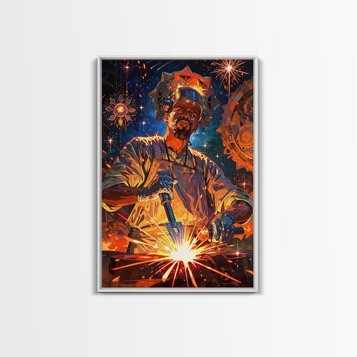 Regal Black Welder Forging Sparks Wall Art, Afrocentric Industrial Portrait, Black Man Art, Modern African Art Decor Gift