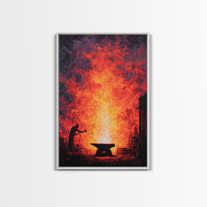 Lone Blacksmith Before Blazing Forge Wall Art, Fiery African Inspired Painting, Rustic Industrial Home Decor Gift For Him