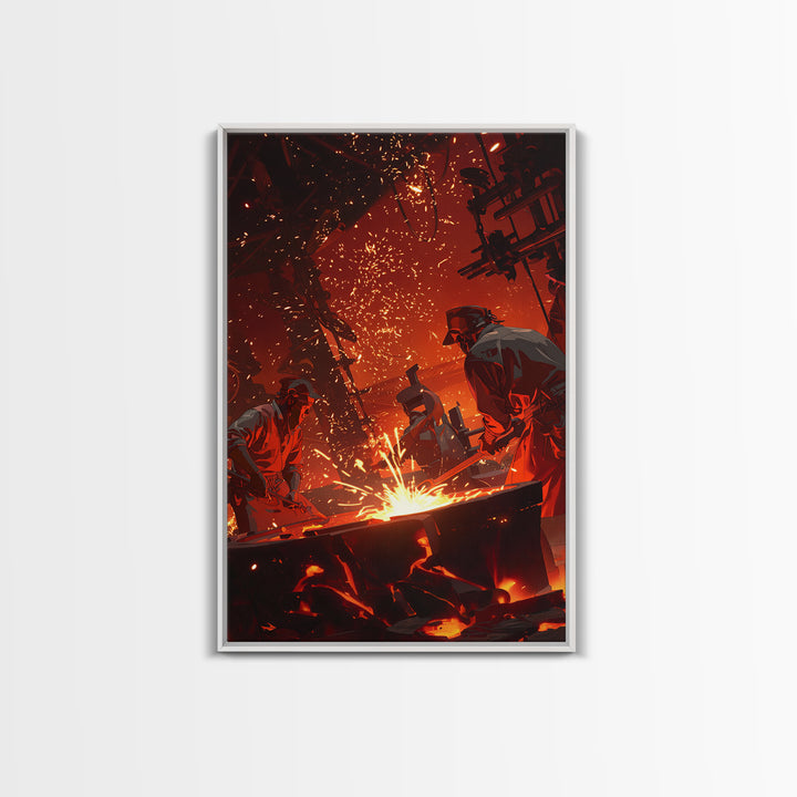 Two Foundry Workers Amid Sparks Framed Canvas Print, Fiery Industrial Wall Art, African Inspired Workshop Decor For Him Gift