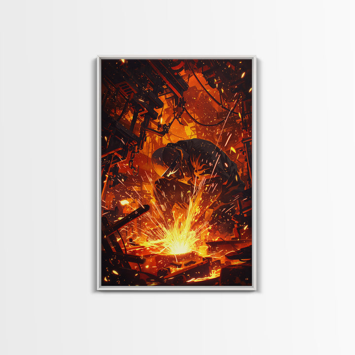 Crouching Welder In Fiery Workshop Canvas Print, Industrial Black Art, Orange Sparks Wall Decor, Unique Home Decor Gift Idea