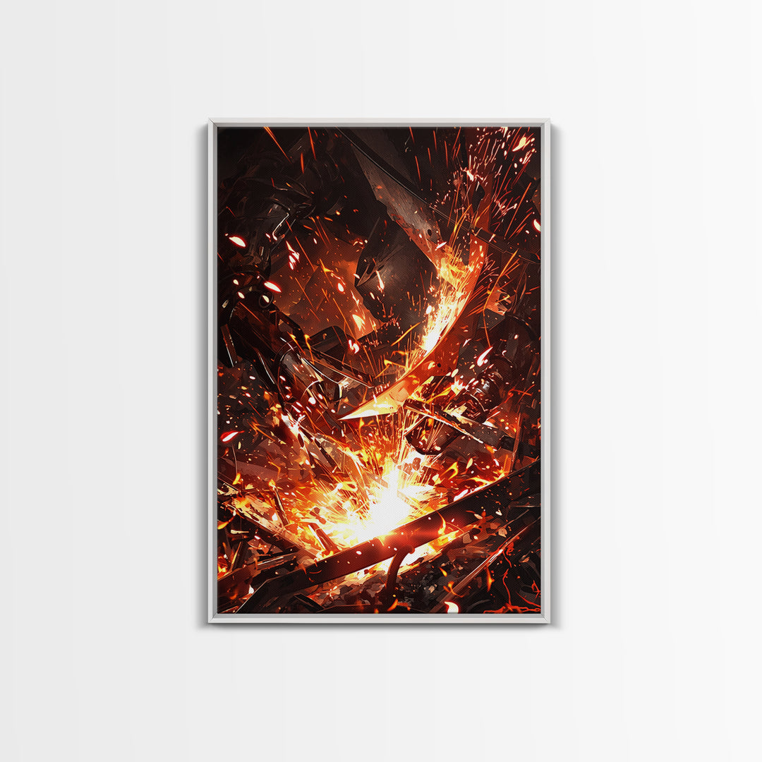 Close Up Welding Sparks And Metal Framed Canvas Print, Dark Industrial Wall Art, Blacksmith Workshop Home Decor Gift For Him