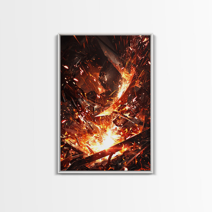 Close Up Welding Sparks And Metal Framed Canvas Print, Dark Industrial Wall Art, Blacksmith Workshop Home Decor Gift For Him