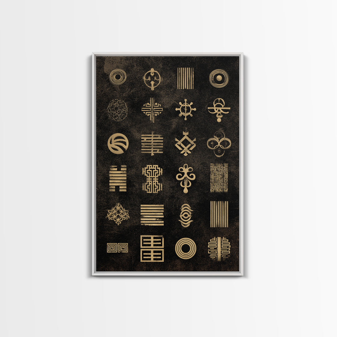Gold African Adinkra Symbols Wall Art, Geometric Tribal Pattern, Black And Gold Art, Afrocentric Cultural Decor Gift Idea