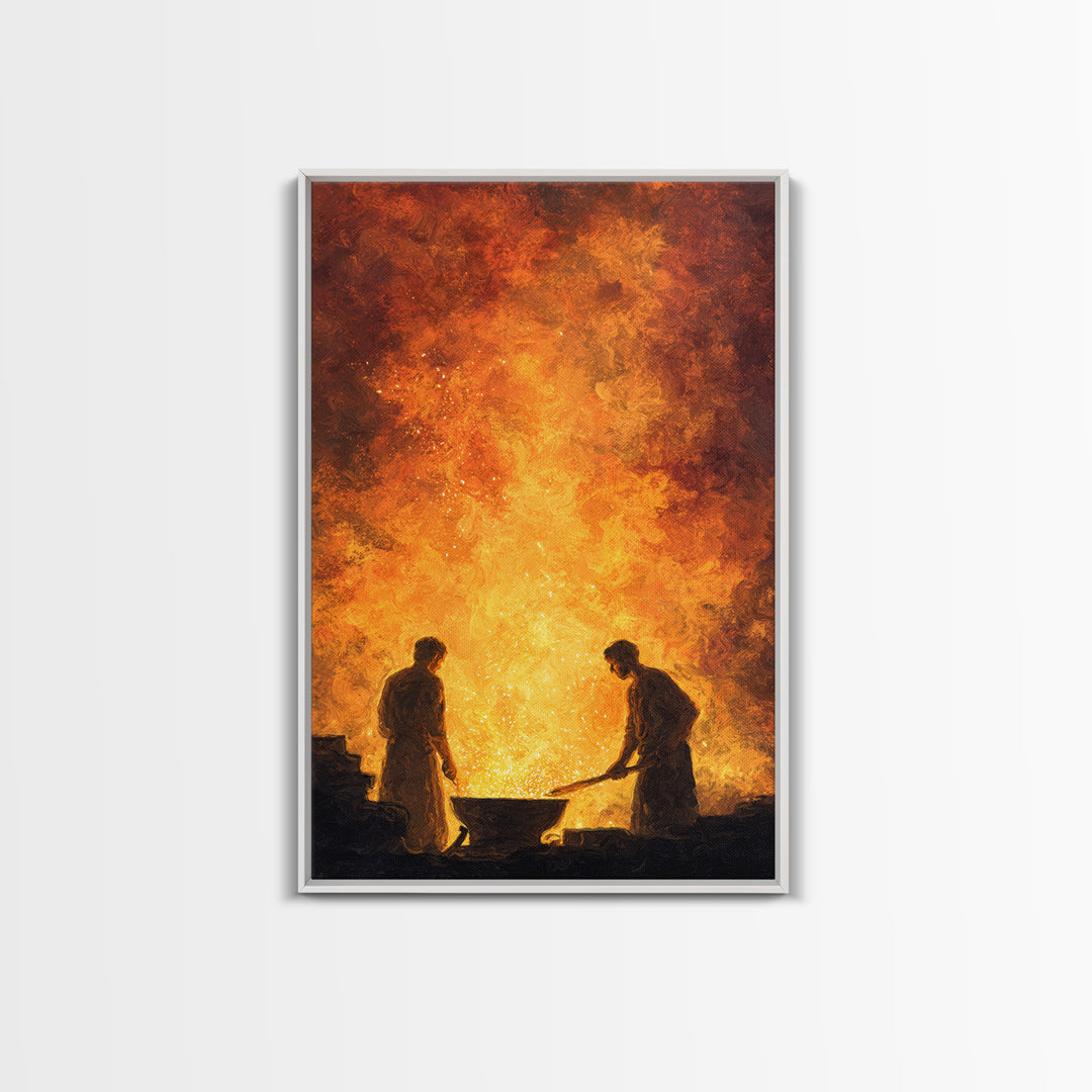 Two Blacksmiths Tending Glowing Forge Wall Art, Fiery African Inspired Painting, Rustic Workshop Home Decor Gift For Him
