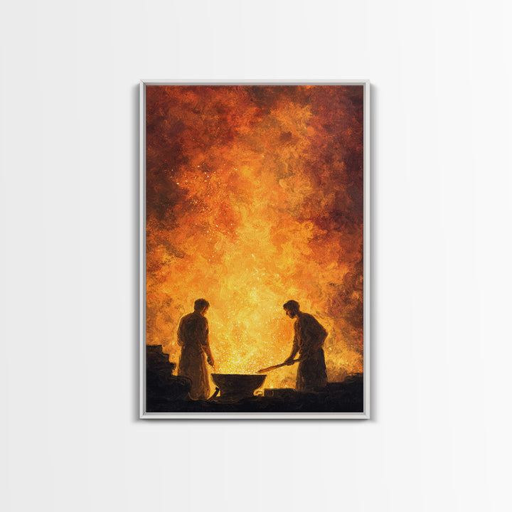 Two Blacksmiths Tending Glowing Forge Wall Art, Fiery African Inspired Painting, Rustic Workshop Home Decor Gift For Him