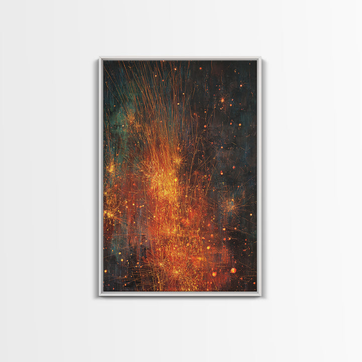 Abstract Fire Sparks Texture Canvas Print, Orange Black Industrial Wall Art, Modern Abstract Art, Unique Home Decor Gift