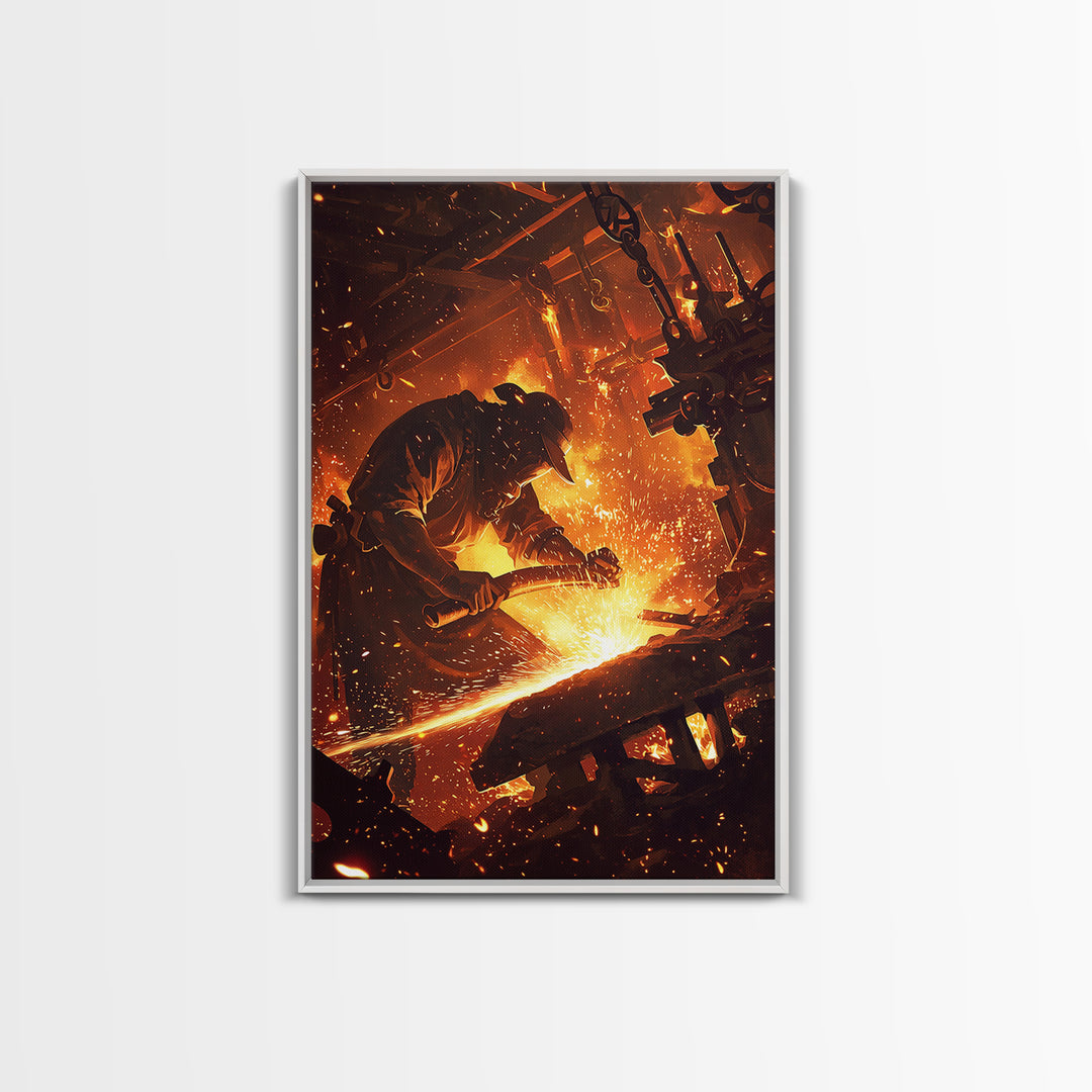 Blacksmith Hammering Hot Steel Framed Canvas Print, Fiery Industrial Wall Art, African Inspired Workshop Decor Gift For Him