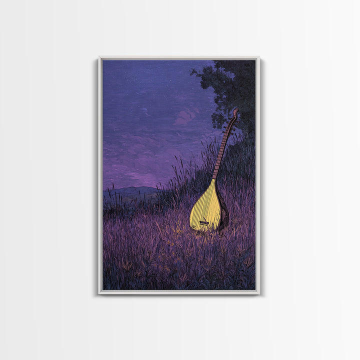 Glowing Kora In Purple Grass Wall Art, African Music Night Scene, Afrocentric Decor, Dreamy Cultural Canvas Print, Gift For Music Lovers