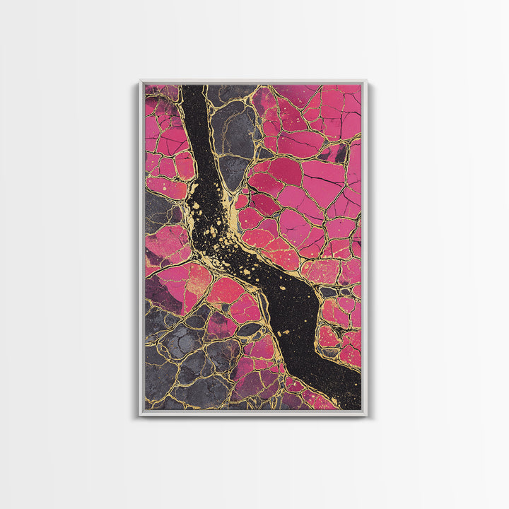 Pink Gold Kintsugi Abstract Wall Art, Cracked Stone Texture Painting, Modern Geometric Decor, Bold Contemporary Canvas Print