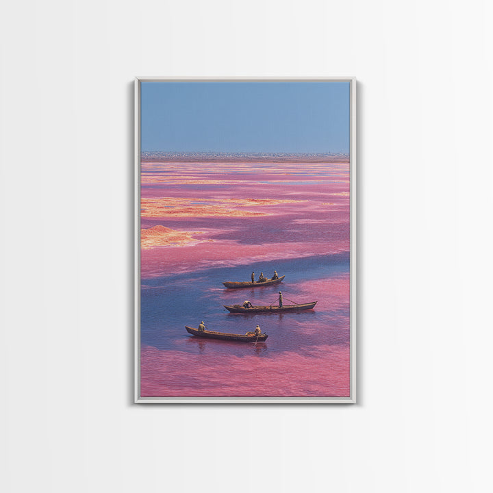 Pink Lake Boats African Landscape Wall Art, Senegal Salt Flats Canvas Print, Travel Decor, Serene Coastal Unique Artwork Gift