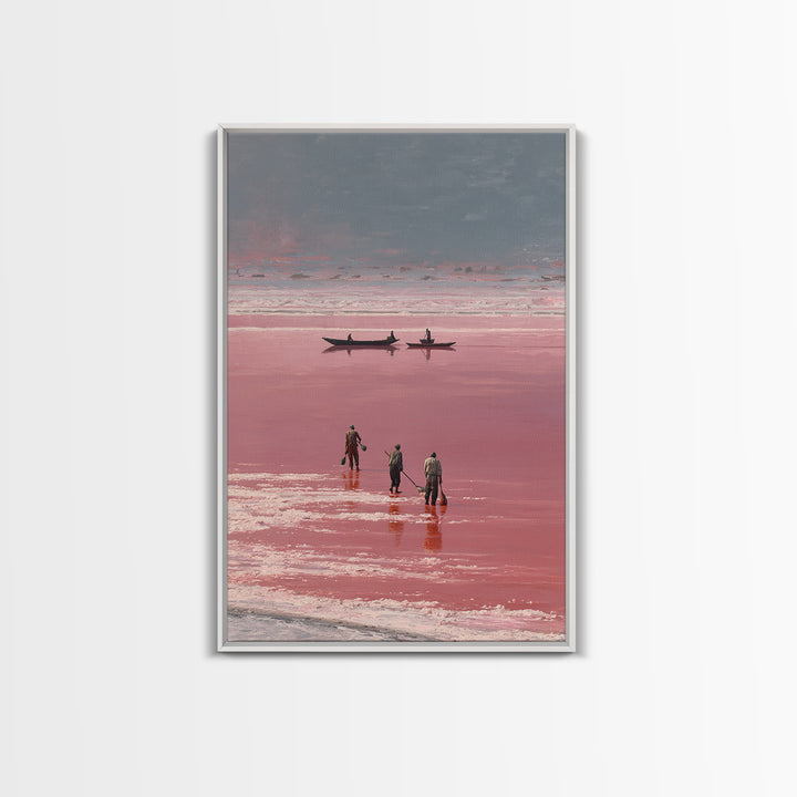 Rose Salt Lake Workers Canvas Print, African Landscape Wall Art, Pink Water Boats, Travel Poster, Serene Home Decor Gift