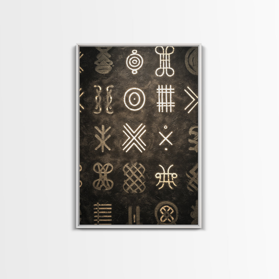 African Tribal Symbols Wall Art, Black And Gold Pattern Canvas Print, Mud Cloth Inspired Decor, Cultural Geometric Poster