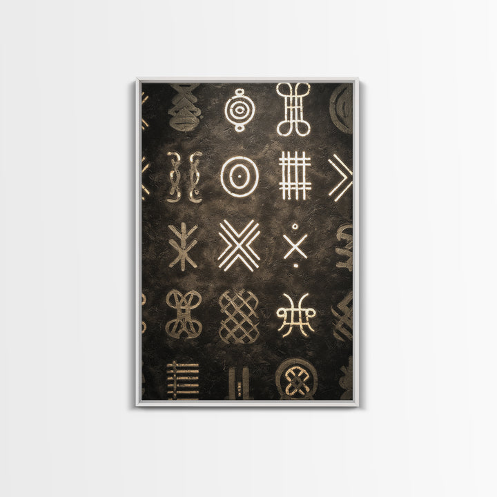 African Tribal Symbols Wall Art, Black And Gold Pattern Canvas Print, Mud Cloth Inspired Decor, Cultural Geometric Poster