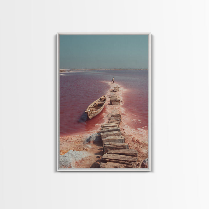 Wooden Path Through Pink Salt Lake Wall Art, African Landscape Canvas Print, Boat Travel Decor, Minimalist Coastal Art Gift