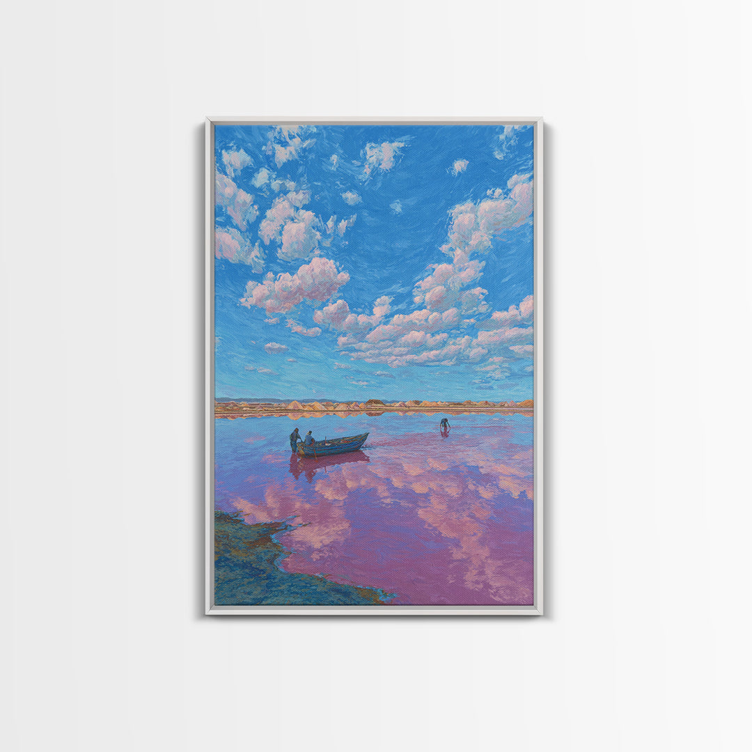 Blue Sky Pink Lake Canvas Print, African Landscape Wall Art, Boat Scene Travel Poster, Dreamy Nature Decor For Living Room