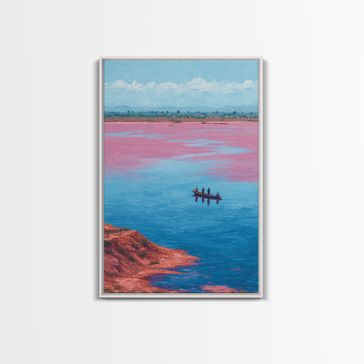 Pink Salt Lake Fishermen Boat Wall Art, African Landscape Canvas Decor, Afrocentric Travel Print, Vibrant Living Room Artwork
