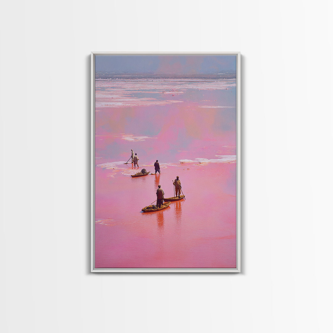 Rose Pink Salt Flats Canoes Canvas Print, African Fishermen Wall Decor, Pastel Safari Art Poster, Unique Home Decor Gift
