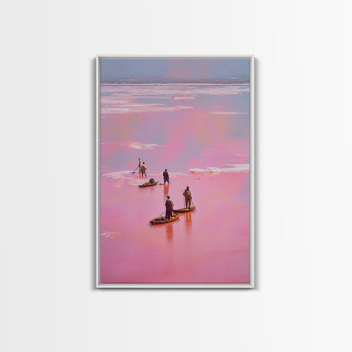 Rose Pink Salt Flats Canoes Canvas Print, African Fishermen Wall Decor, Pastel Safari Art Poster, Unique Home Decor Gift