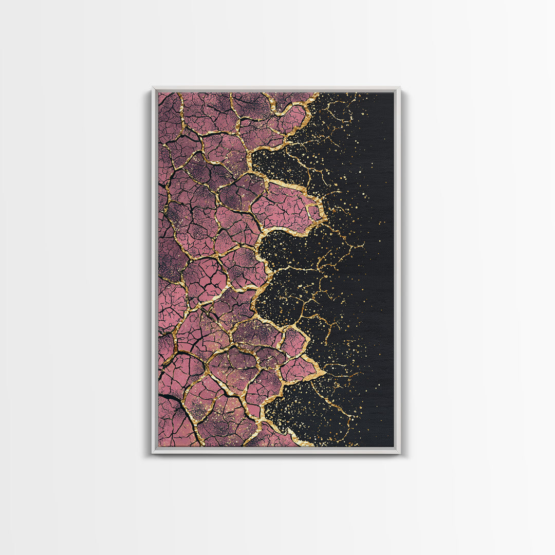 Cracked Pink Black Gold Abstract Wall Art, African Inspired Geometric Texture Print, Luxury Canvas Decor For Modern Home